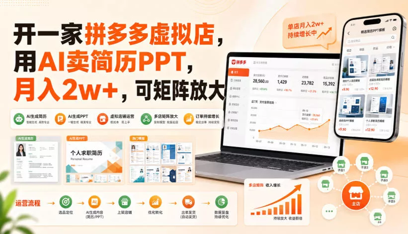开一家拼多多虚拟店,用AI卖简历PPT,月入2w+,可矩阵放大【揭秘】-小灰云创