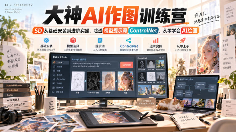 大神AI作图训练营,SD从基础安装到进阶实操,吃透模型提示词ControlNet,从零学会AI绘画-小灰云创