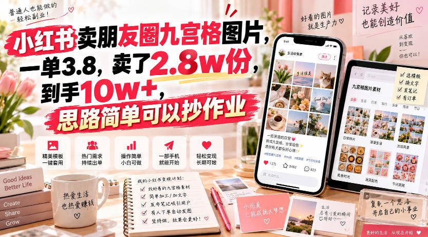 小红书卖朋友圈九宫格图片，一单3.8，卖了2.8w份，到手10w+，思路简单可以抄作业-小灰云创