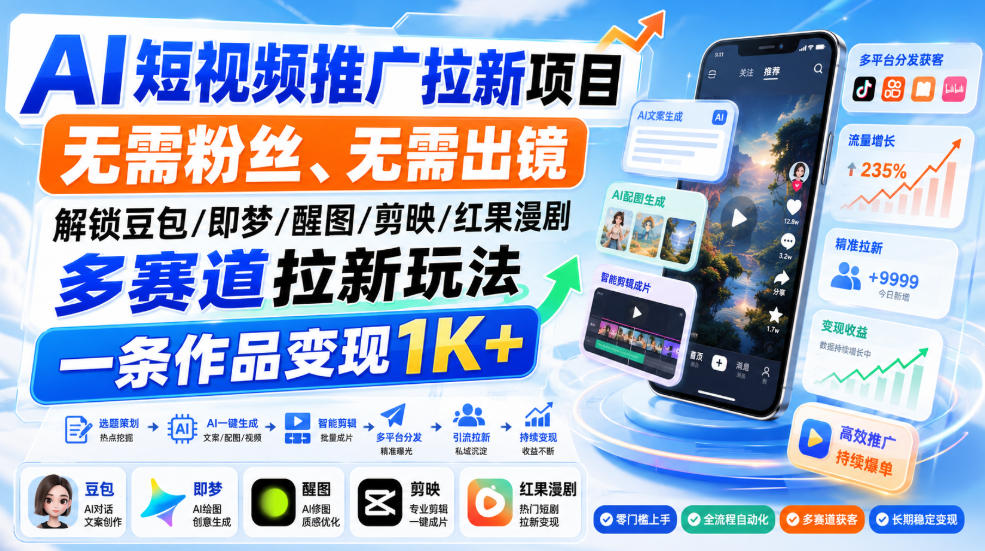 AI短视频推广拉新项目,无需粉丝、无需出镜,解锁豆包/即梦/醒图/剪映/红果漫剧多赛道拉新玩法,一条作品变现1K+-小灰云创