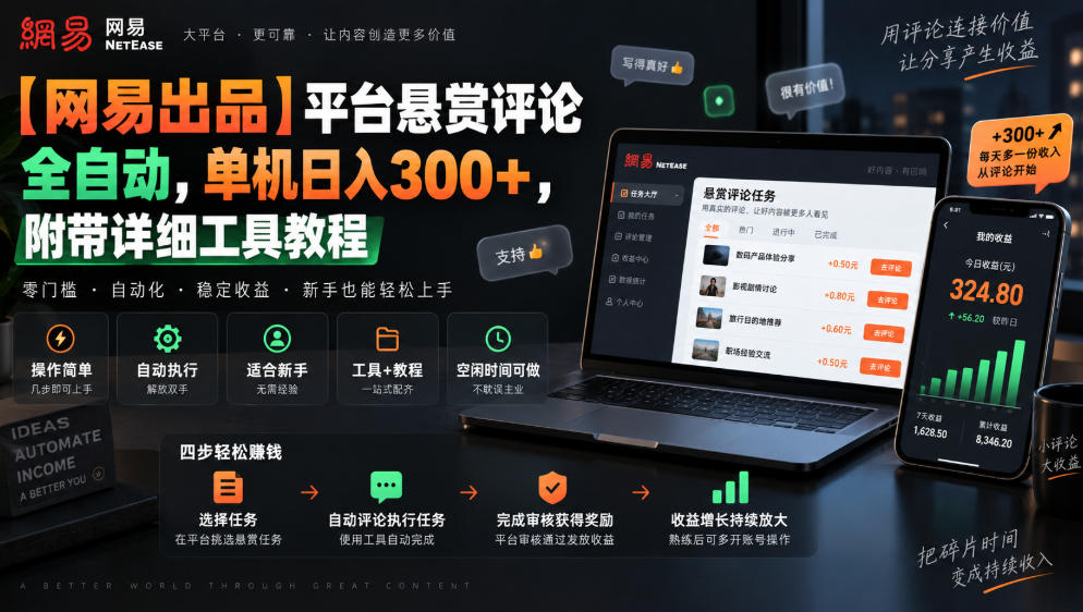 【网易出品】平台悬赏评论全自动，单机日入300+，附带详细工具教程【揭秘】-小灰云创