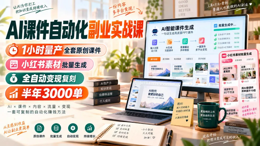 AI课件自动化副业实战课,1小时量产全套原创课件,小红书素材批量生成,全自动变现复刻,半年3000单-小灰云创
