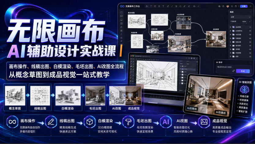 无限画布AI辅助设计实战课｜画布操作、线稿出图、白模渲染、毛坯出图、AI改图全流程，从概念草图到成品视觉一站式教学（更新0923）-小灰云创