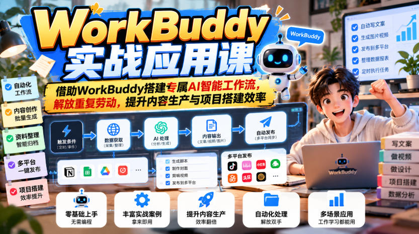 WorkBuddy实战应用课，借助WorkBuddy搭建专属AI智能工作流，解放重复劳动，提升内容生产与项目搭建效率-小灰云创