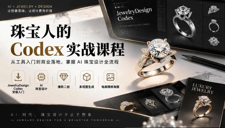 珠宝人的Codex实战课程｜JewelryDesign Codex安装入门、AI珠宝设计、爆款二创、多视图生成、电商精修海报全链路教学-小灰云创