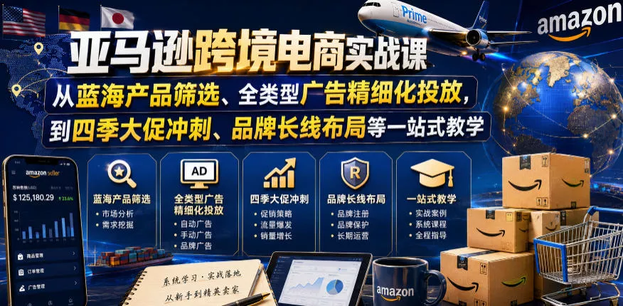 亚马逊跨境电商实战课,从蓝海产品筛选、全类型广告精细化投放,到四季大促冲刺、品牌长线布局等一站式教学-小灰云创