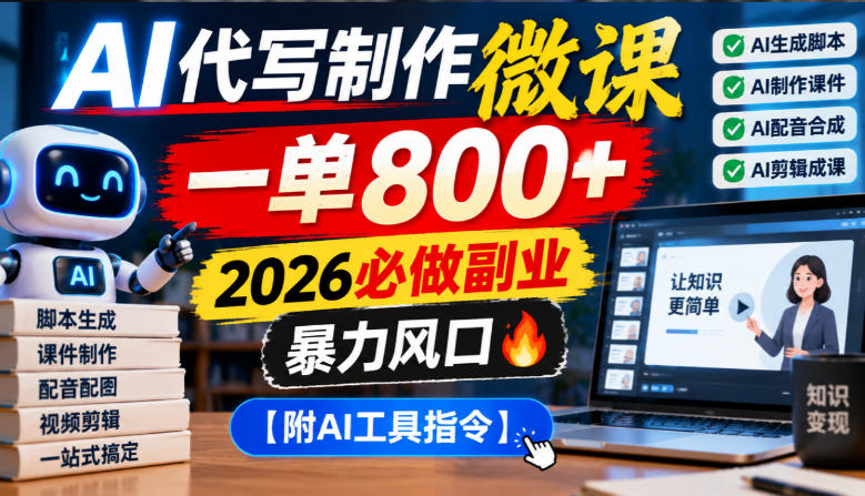 AI代写制作微课，一单800+，2026必做副业，暴力风口【附AI工具指令】【揭秘】-小灰云创