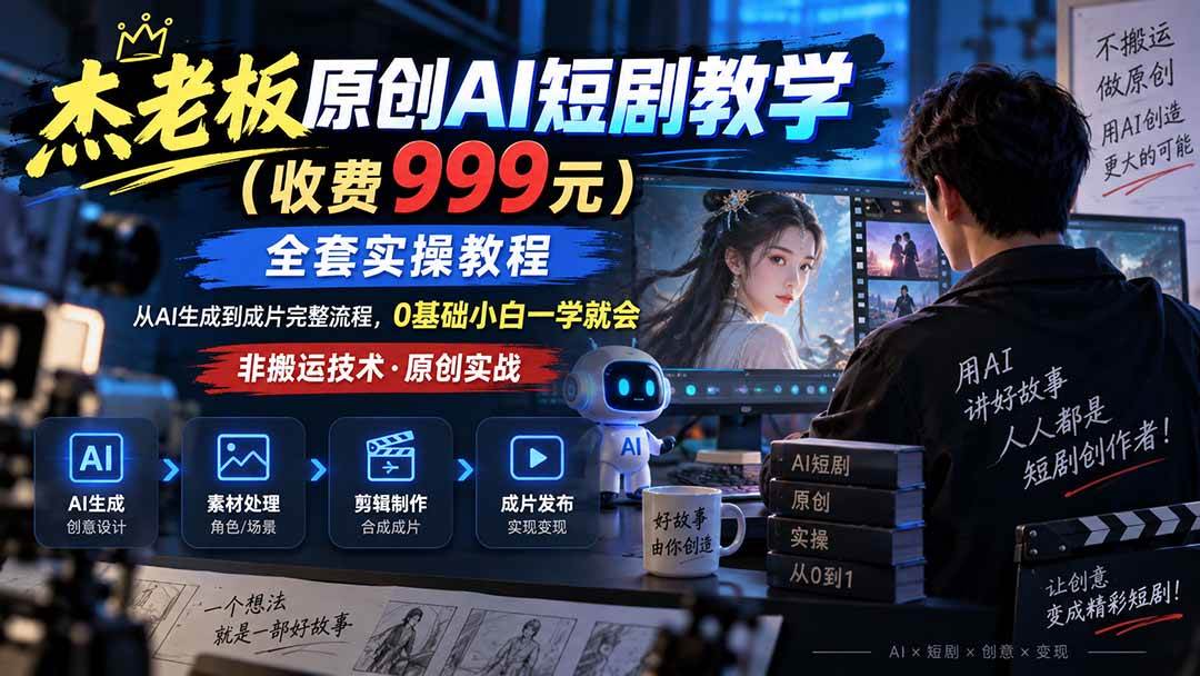 （20254期）杰老板原创AI短剧教学（收费999元），全套实操教程，0基础小白一学就会，非搬运技术-小灰云创
