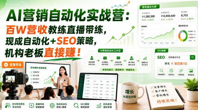 AI营销自动化实战营:百W营收教练直播带练,现成自动化+SEO策略,机构老板直接賺!【原创双语字幕】-小灰云创