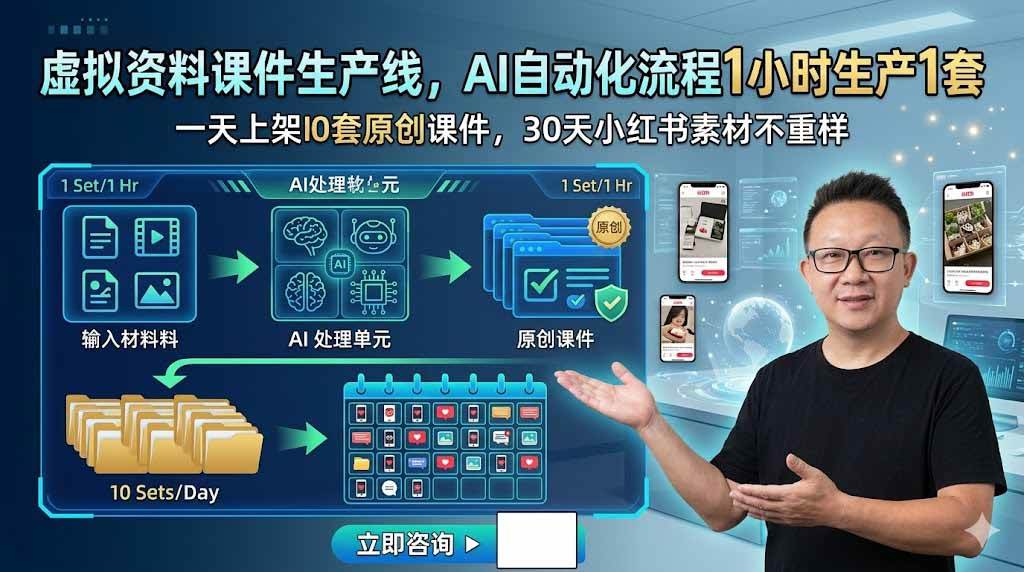 （19091期）虚拟资料课件生产线，AI自动化流程1小时生产1套，一天上架10套原创课件，30天小红书素材不重样-小灰云创