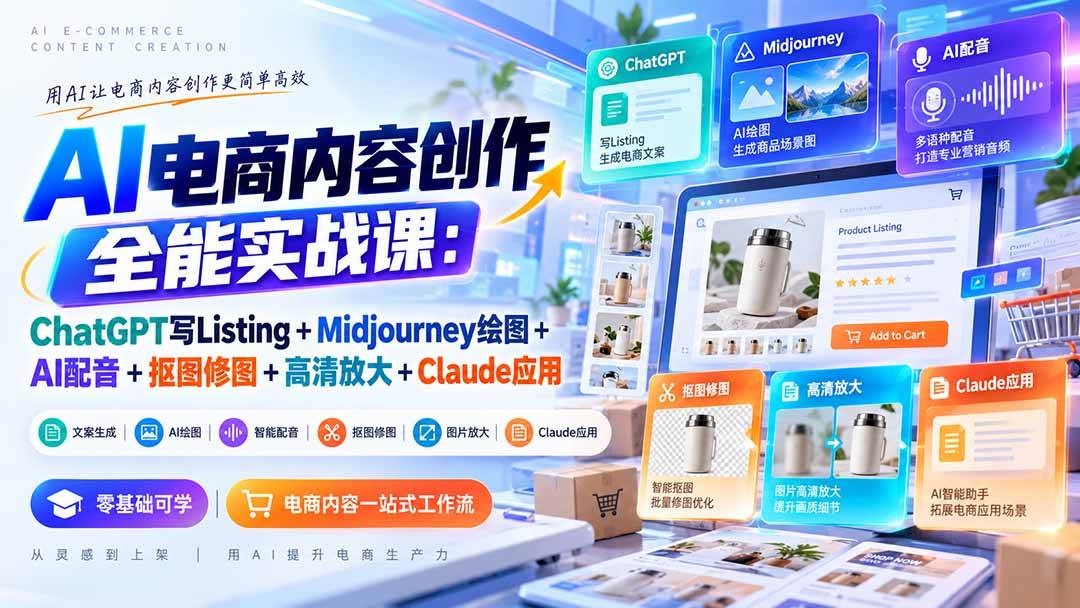 (20770期)【无水印】AI电商内容创作全能实战课:ChatGPT写Listing+Midjourney绘图+AI配音+抠图修图+高清放大+Claude应用-小灰云创