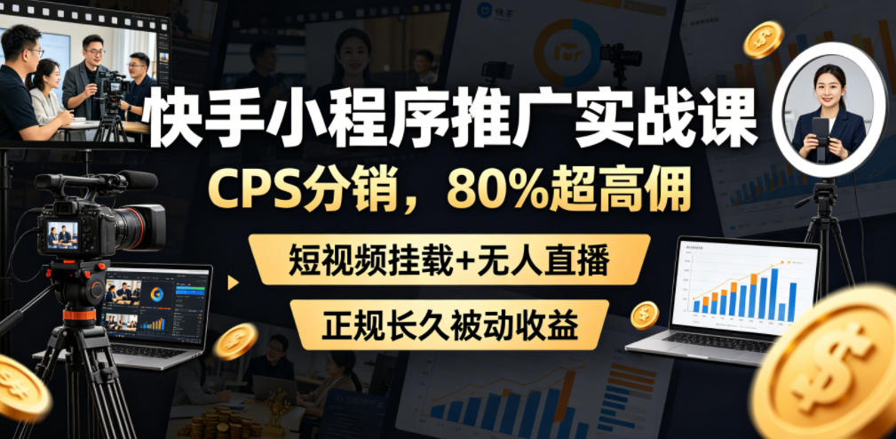快手小程序推广实战课,CPS分销,80%超高佣,短视频挂载+无人直播,正规长久被动收益-小灰云创