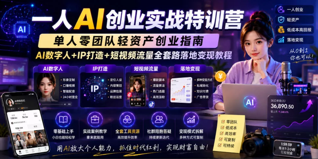 一人AI创业实战特训营,单人零团队轻资产创业指南,AI数字人+IP打造+短视频流量全套路落地变现教程-小灰云创
