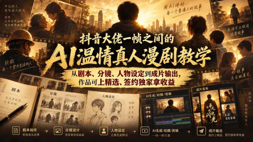 抖音大佬一帧之间的AI温情真人漫剧教学，从剧本、分镜、人物设定到成片输出，作品可上精选、签约独家拿收益-小灰云创