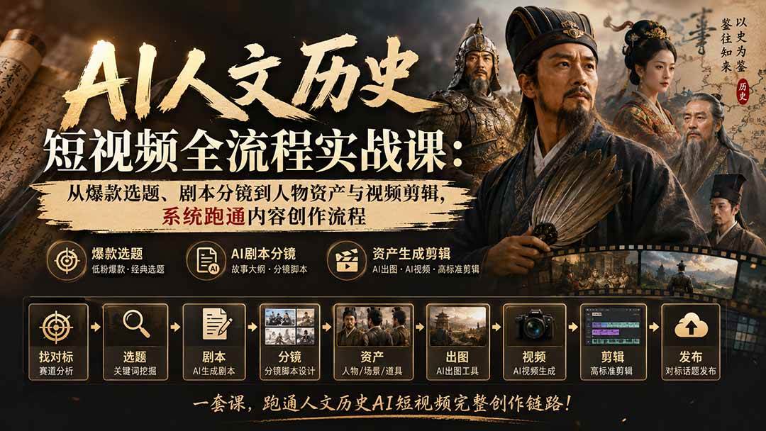 （20476期）AI人文历史短视频全流程实战课-更新：从爆款选题、剧本分镜到人物资产与视频剪辑，系统跑通内容创作流程-小灰云创