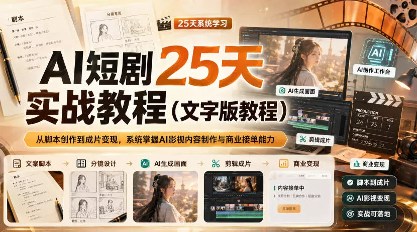 AI短剧25天实战教程(文字版教程),从脚本创作到成片变现,系统掌握AI影视内容制作与商业接单能力-小灰云创