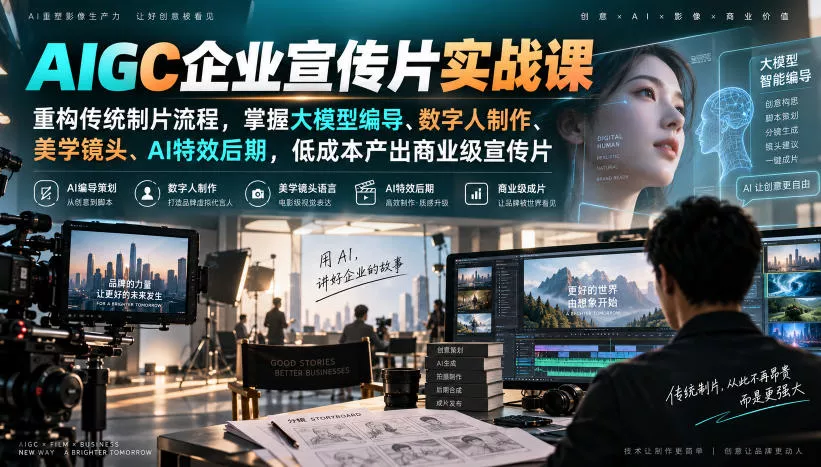 AIGC企业宣传片实战课，重构传统制片流程，掌握大模型编导、数字人制作、美学镜头、AI特效后期，低成本产出商业级宣传片-小灰云创
