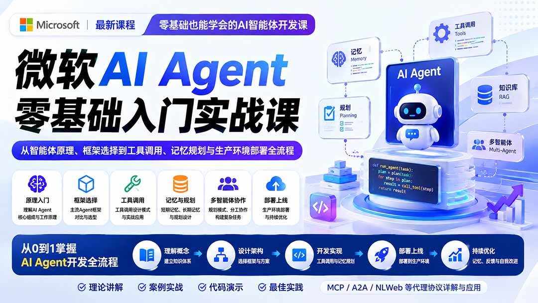 (19977期)微软AI Agent零基础入门实战课:从智能体原理、框架选择到工具调用、记忆规划与生产环境部署全流程-小灰云创