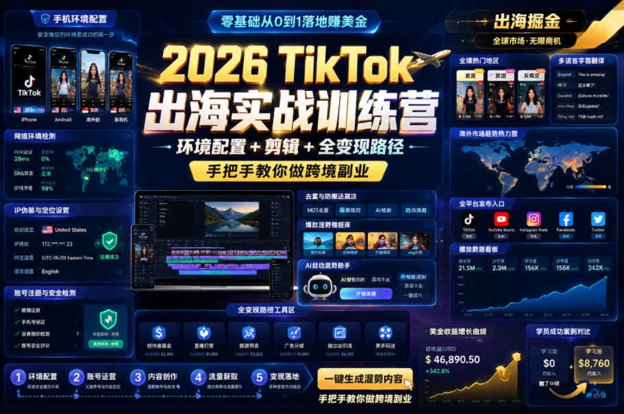 2026 TikTok出海实战训练营，环境配置 + 剪辑 + 全变现路径，手把手教你做跨境副业-小灰云创