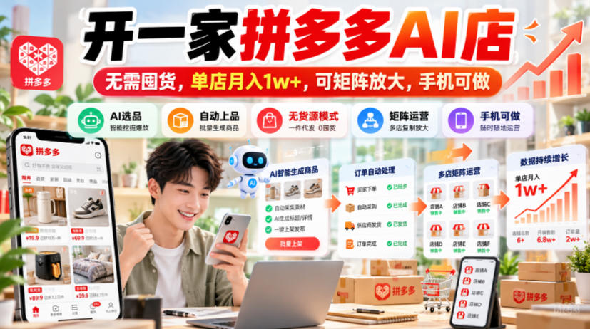 开一家拼多多AI店,无需囤货,单店月入1w+,可矩阵放大,手机可做【揭秘】-小灰云创
