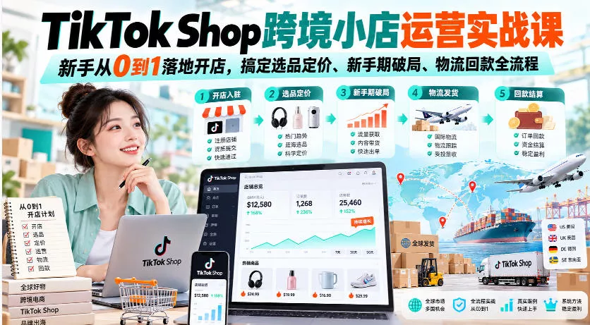 TikTok Shop跨境小店运营实战课,新手从0到1落地开店,搞定选品定价、新手期破局、物流回款全流程-小灰云创