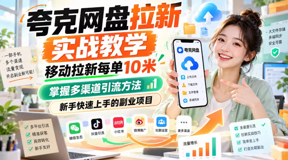 夸克网盘拉新实战教学，移动拉新每单10米，掌握多渠道引流方法，新手快速上手的副业项目-小灰云创