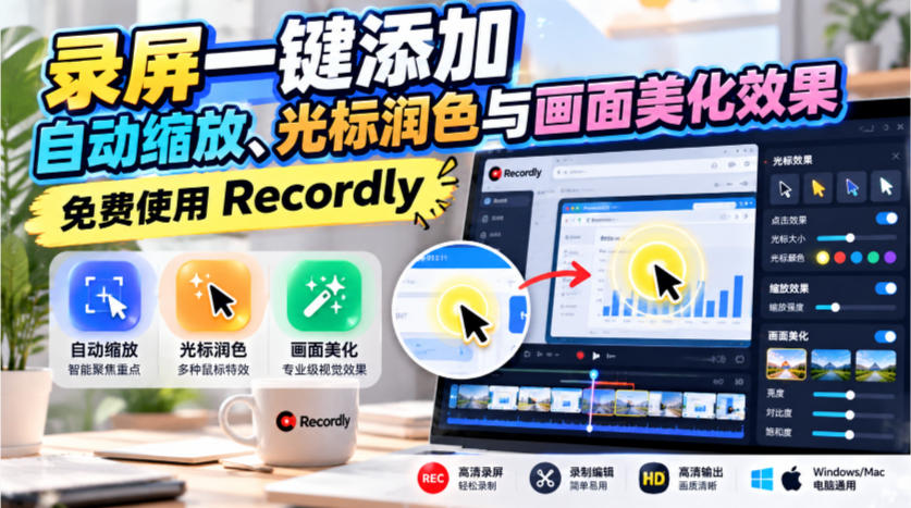 录屏一键添加自动缩放、光标润色与画面美化效果,免费使用Recordly-小灰云创
