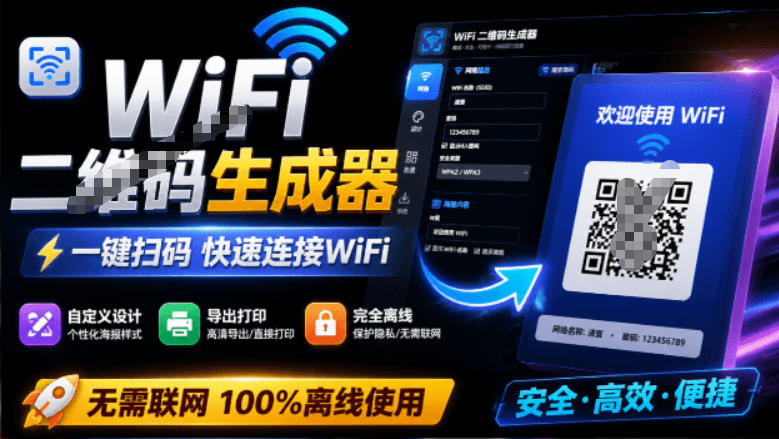 完全离线使用！WiFi二维码生成器，一键扫码快速连接WiFi，支持自定义风格导出WiFi二维码生成器-小灰云创
