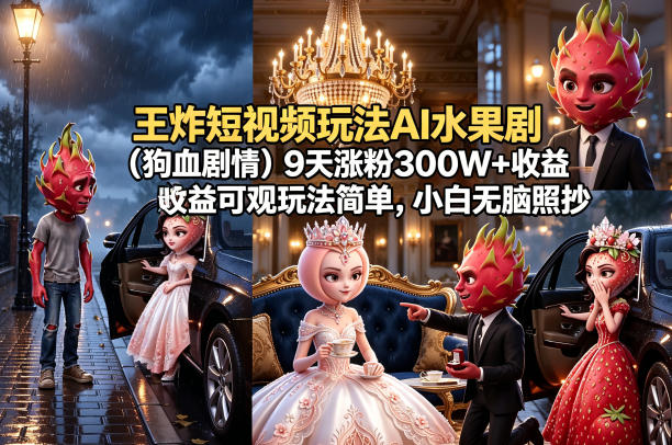王炸短视频玩法AI水果剧(狗血剧情)9天涨粉300W+收益可观玩法简单，小白无脑照抄，详细拆解玩法-小灰云创