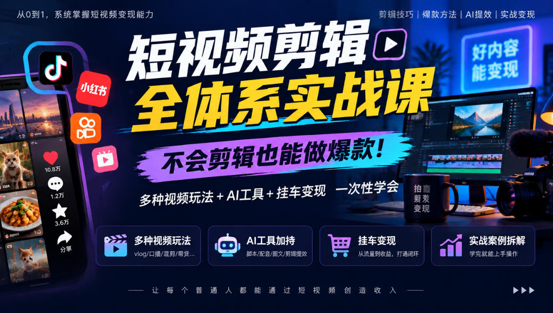 短视频剪辑全体系实战课，不会剪辑也能做爆款，多种视频玩法+AI工具+挂车变现一次性学-小灰云创