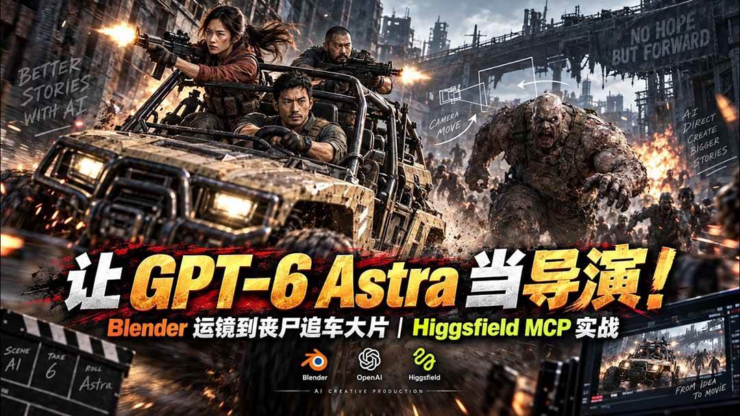 (20762期)【无水印】让 GPT-6 Astra 当导演!Blender 运镜到丧尸追车大片|Higgsfield MCP 实战-小灰云创