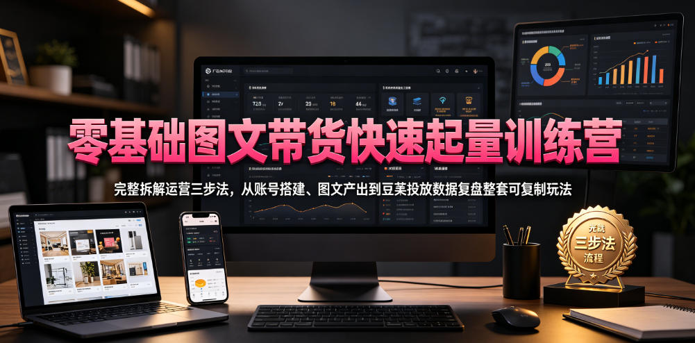 零基础图文带货快速起量训练营，完整拆解运营三步法，从账号搭建、图文产出到豆荚投放数据复盘整套可复制玩法-小灰云创