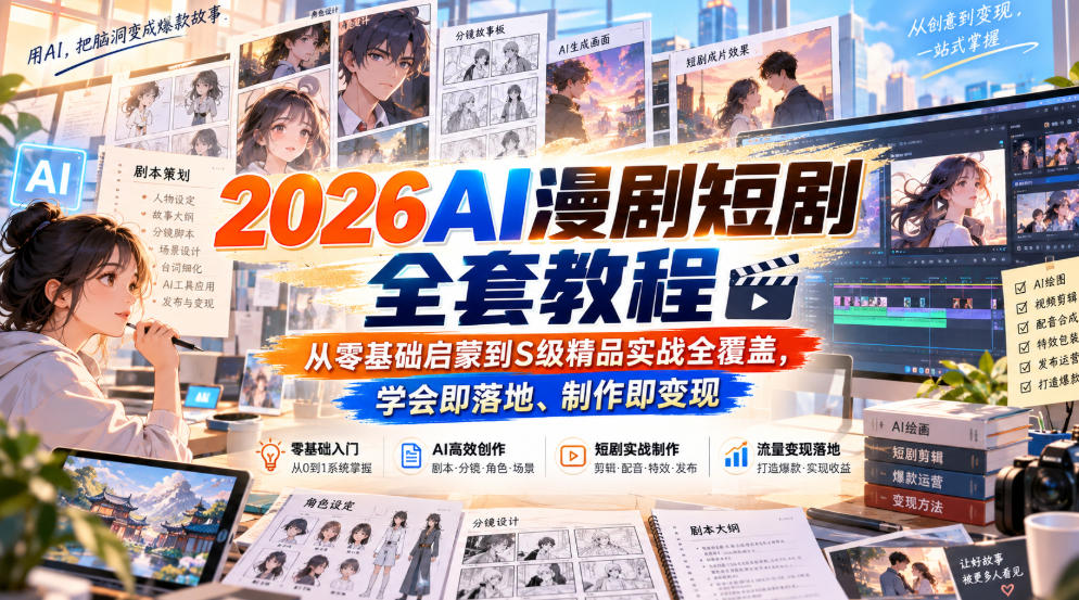 2026AI漫剧短剧全套教程,从零基础启蒙到S级精品实战全覆盖,学会即落地、制作即变现-小灰云创
