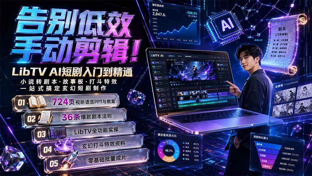 （19678期）告别低效手动剪辑！LibTV AI短剧入门到精通，小说转剧本方法，故事板打斗特效一站式搞定玄幻短剧制作-小灰云创