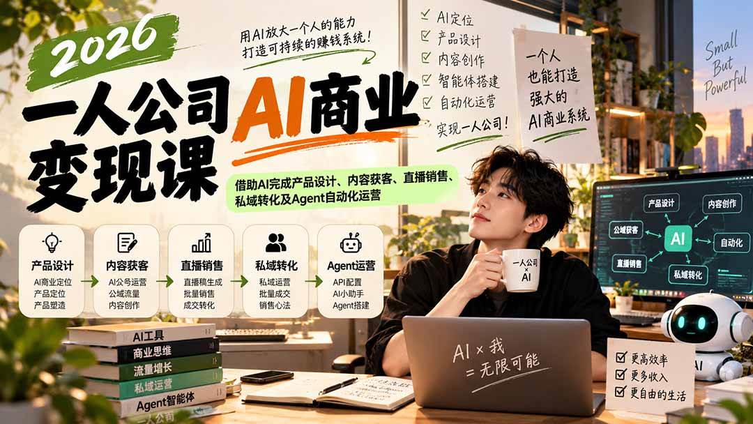 (20901期)2026一人公司AI商业变现课:借助AI完成产品设计、内容获客、直播销售、私域转化及Agent自动化运营-小灰云创