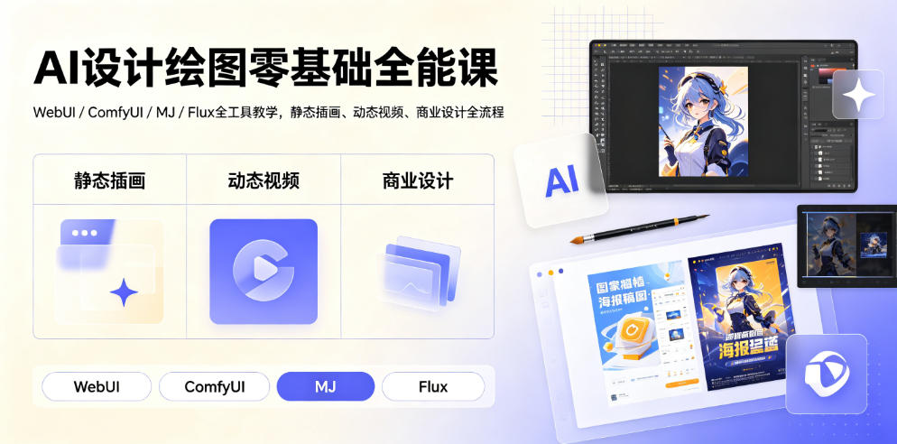 AI设计绘图零基础全能课|WebUI/ComfyUI/MJ/Flux全工具教学,静态插画、动态视频、商业设计全流程-小灰云创