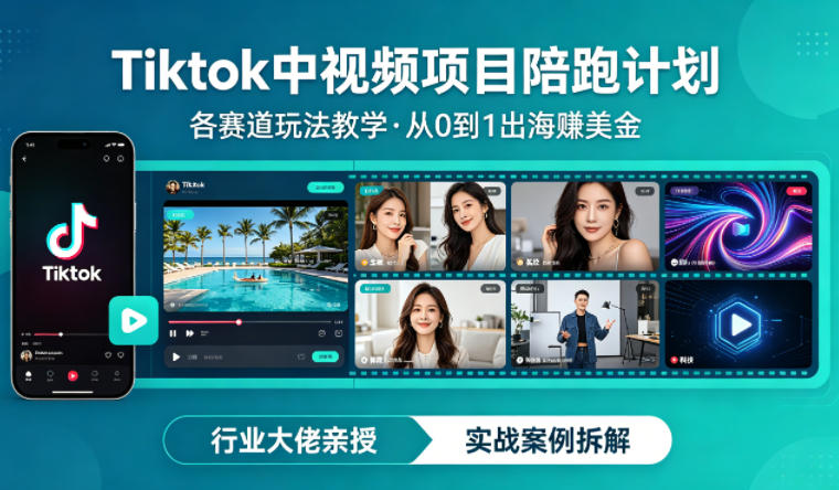 某大佬的Tiktok中视频项目陪跑，涵盖TK各个赛道玩法教学，从0到1出海賺美金-小灰云创
