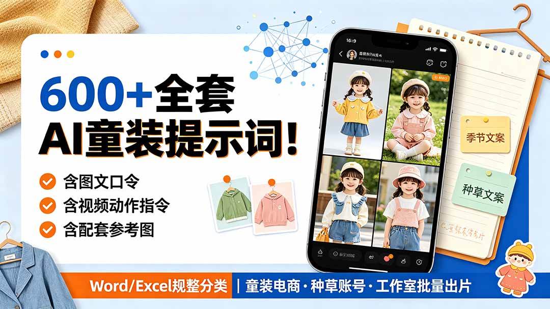 (19302期)600+全套AI童装提示词!含图文口令+视频动作指令+配套参考图,Word/Excel规整分类,童装电商、种草无脑量产内容-小灰云创