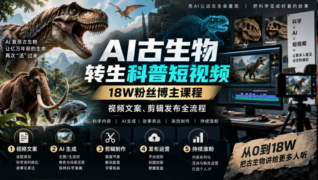 AI古生物转生科普短视频,18W粉丝博主课程,视频文案、剪辑发布全流程 AI古生物转生科普短视频,18W粉丝博主课程,视频文案、剪辑发布全流程