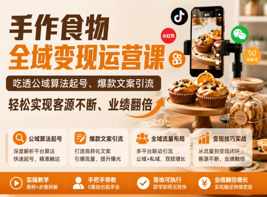 手作食物全域变现运营课,吃透公域算法起号、爆款文案引流,轻松实现客源不断、业绩翻倍-小灰云创