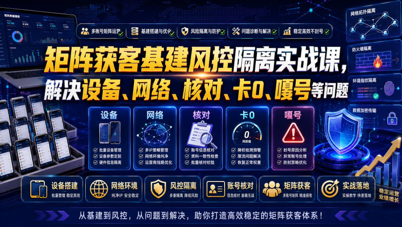 矩阵获客基建风控隔离实战课,解决设备、网络、核对、卡0、嘎号等问题-小灰云创