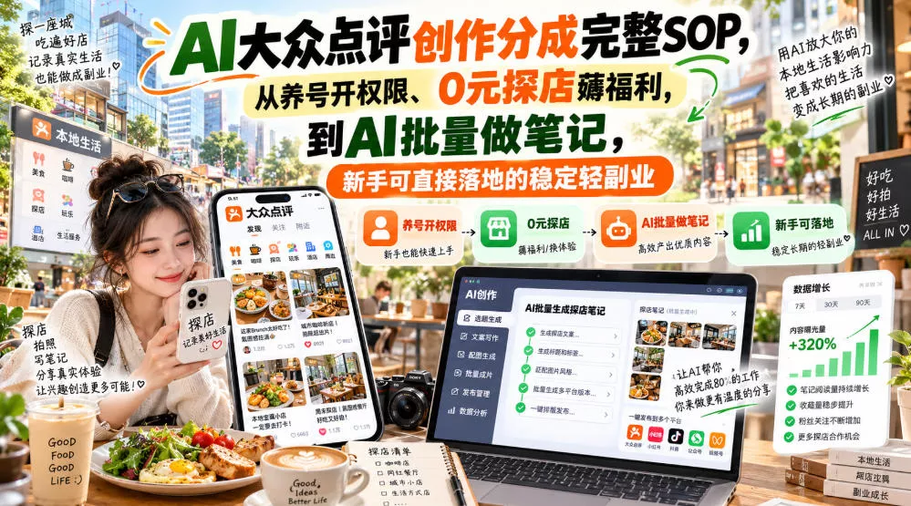 【无水印】AI大众点评创作分成完整SOP，从养号开权限、0元探店薅福利，到AI批量做笔记，新手可直接落地的稳定轻副业-小灰云创