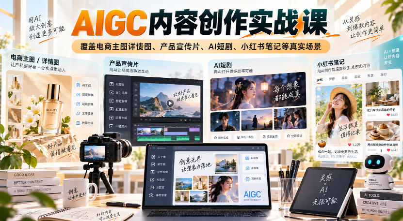 AIGC内容创作实战课，覆盖电商主图详情图、产品宣传片、AI短剧、小红书笔记等真实场景-小灰云创