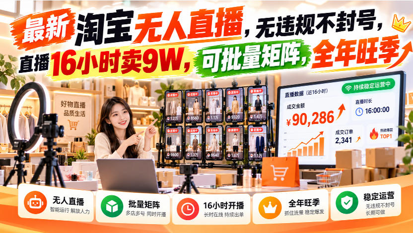 最新淘宝无人直播,无违规不封号,直播16小时卖9W,可批量矩阵,全年旺季【揭秘】-小灰云创