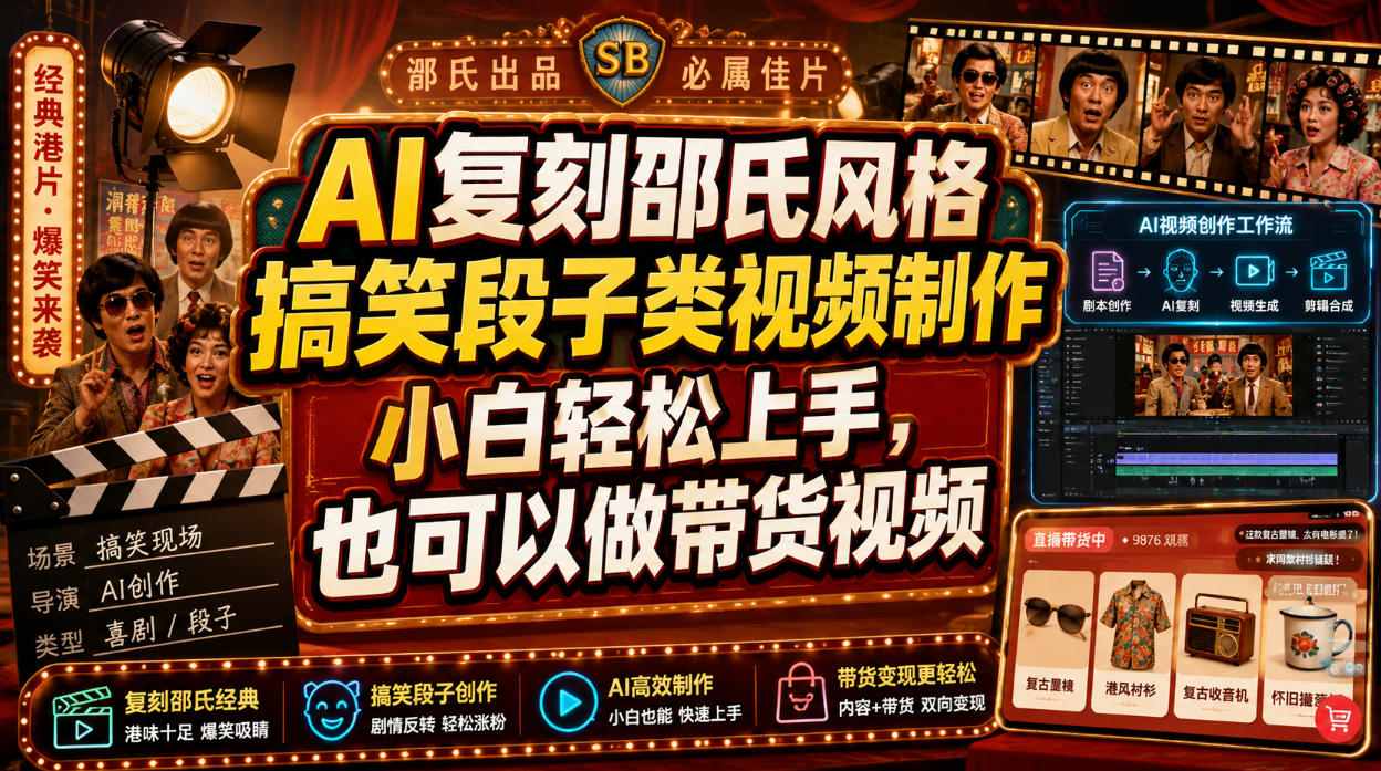 AI复刻邵氏风格搞笑段子类视频制作，小白轻松上手，也可以做带货视频-小灰云创