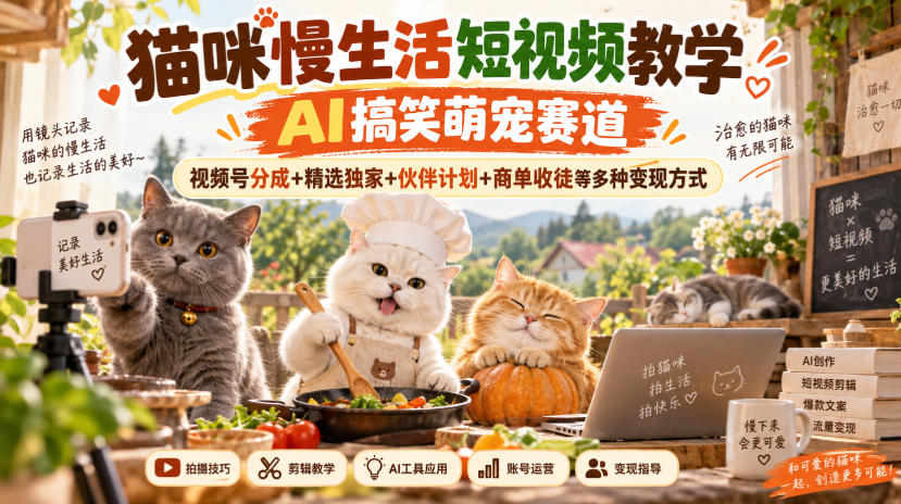 猫咪慢生活短视频教学，AI搞笑萌宠赛道，视频号分成+精选独家+伙伴计划+商单收徒等多种变现方式-小灰云创
