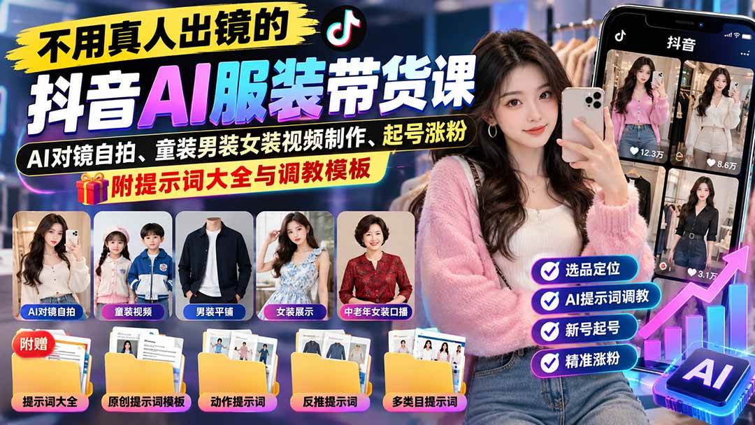 （20960期）不用真人出镜的抖音AI服装带货课：AI对镜自拍、童装男装女装视频制作、起号涨粉，附提示词大全与调教模板-小灰云创