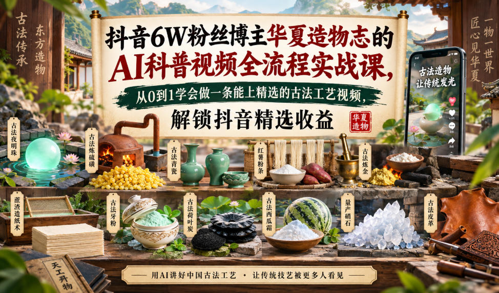 抖音6W粉丝博主华夏造物志的AI科普视频全流程实战课,从0到1学会做一条能上精选的古法工艺视频,解锁抖音精选收益-小灰云创