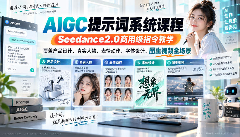 AIGC提示词系统课程，Seedance2.0商用级指令教学，覆盖产品设计、真实人物、表情动作、字体设计、图生视频全场景-小灰云创