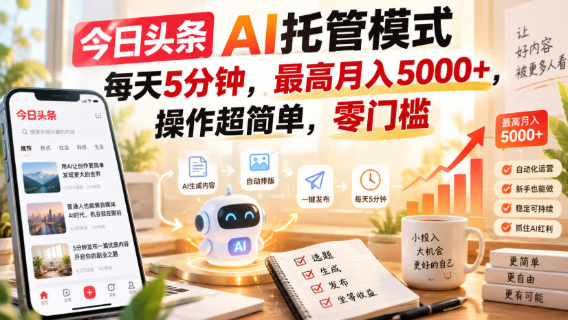 今日头条AI托管模式,每天5分钟,最高月入5000+,操作超简单,零门槛【揭秘】-小灰云创